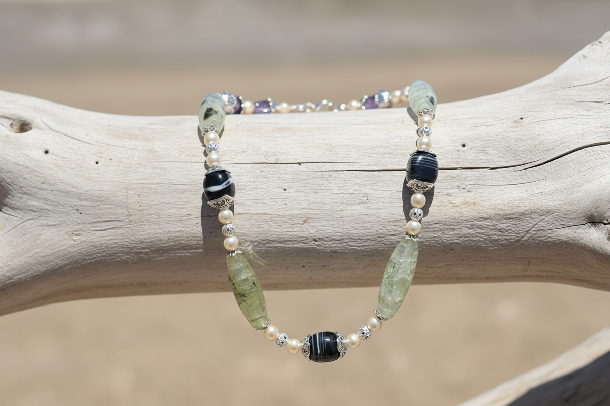 Prehnite, obsidian and pearl statement necklace draped over natural driftwood